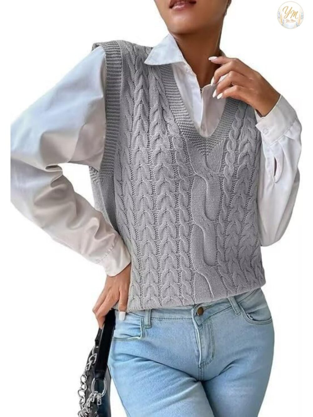 Womens 100% Cotton Cable Knit V Neck Sweater Vest Loose Pullover Sleeveless